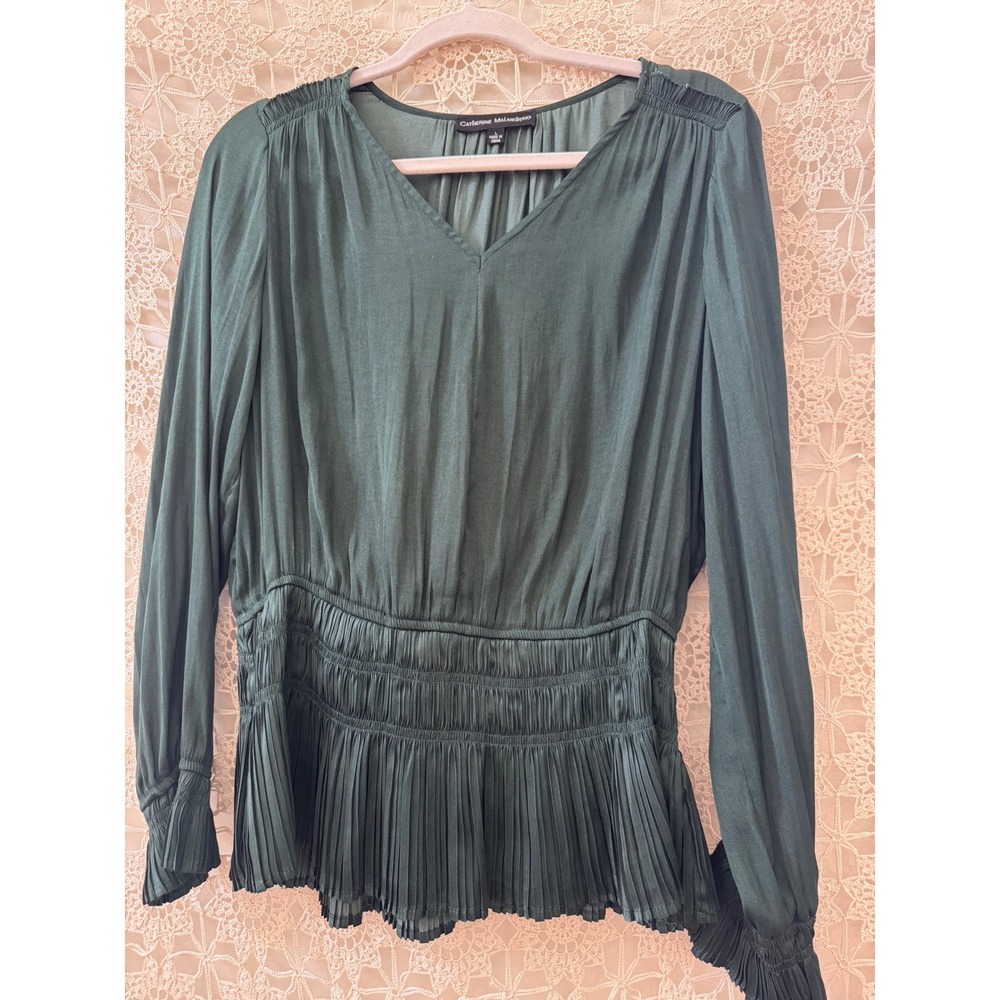 Catherine Malandrino‎ Dark Green V-Neck Smocked Waist Pleated Peplum Blouse L